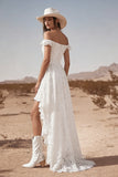 Off the Shoulder Lace High-Low White Boho Wedding Dress