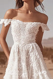 Off the Shoulder Lace High-Low White Boho Wedding Dress