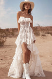 White Lace High-Low A Line Boho Wedding Dress