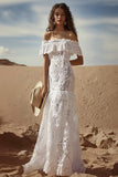 Off the Shoulder Lace White Sheath Boho Wedding Dress