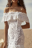 Off the Shoulder Lace White Sheath Boho Wedding Dress