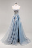 A Line Strapless Sheer Corset Beaded Dusty Blue Long Prom Dress with Slit