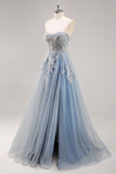 A Line Strapless Sheer Corset Beaded Dusty Blue Long Prom Dress with Slit