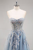 A Line Strapless Sheer Corset Beaded Dusty Blue Long Prom Dress with Slit