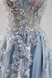 A Line Strapless Sheer Corset Beaded Dusty Blue Long Prom Dress with Slit