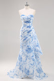 White Blue Flower Mermaid Strapless Ruched Long Prom Dress