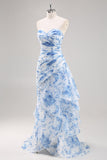 White Blue Flower Mermaid Strapless Ruched Long Prom Dress