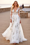 A Line Long Sleeves Appliqued White Wedding Dress