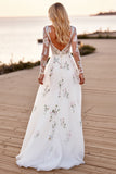 A Line Long Sleeves Appliqued White Wedding Dress