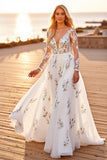 A Line Long Sleeves Appliqued White Wedding Dress