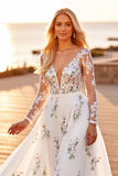 A Line Long Sleeves Appliqued White Wedding Dress