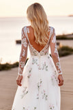 A Line Long Sleeves Appliqued White Wedding Dress