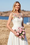 Floral A Line Round Neck White Long Wedding Dress