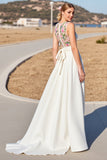 Floral A Line Round Neck White Long Wedding Dress
