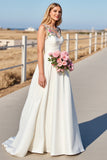 Floral A Line Round Neck White Long Wedding Dress