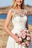 Floral A Line Round Neck White Long Wedding Dress