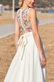 Floral A Line Round Neck White Long Wedding Dress