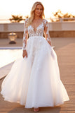 White Appliqued A Line Wedding Dress with Long Sleeves