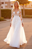 White Appliqued A Line Wedding Dress with Long Sleeves