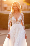 White Appliqued A Line Wedding Dress with Long Sleeves