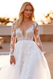White Appliqued A Line Wedding Dress with Long Sleeves