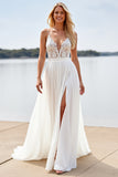 A Line White Lace V Neck Wedding Dress with Slit