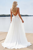 A Line White Lace V Neck Wedding Dress with Slit