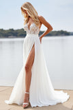 A Line White Lace V Neck Wedding Dress with Slit