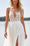 A Line White Lace V Neck Wedding Dress with Slit