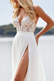 A Line White Lace V Neck Wedding Dress with Slit