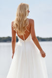 A Line White Lace V Neck Wedding Dress with Slit