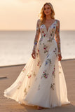 A Line White Floral Long Sleeves Appliqued Wedding Dress