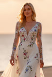 A Line White Floral Long Sleeves Appliqued Wedding Dress