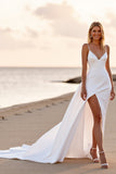 White A Line Spaghetti Straps Wedding Dress with Slit