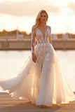 Appliqued White Tulle Wedding Dress with Long Sleeves