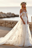 White Tulle Off the Shoulder Boho Sweep Train Wedding Dress with Appliques