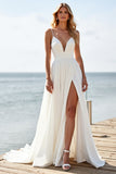 White Chiffon Spaghetti Straps Boho Wedding Dress with Slit