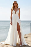 White Chiffon Spaghetti Straps Boho Wedding Dress with Slit
