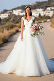 White V-Neck Ball Gown Cap Sleeves Wedding Dress with Lace