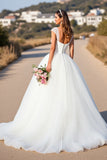 White V-Neck Ball Gown Cap Sleeves Wedding Dress with Lace