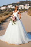 White V-Neck Ball Gown Cap Sleeves Wedding Dress with Lace