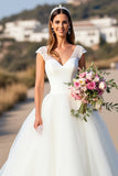 White V-Neck Ball Gown Cap Sleeves Wedding Dress with Lace