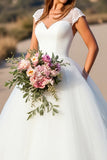White V-Neck Ball Gown Cap Sleeves Wedding Dress with Lace