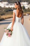 White V-Neck Ball Gown Cap Sleeves Wedding Dress with Lace