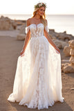 White Tulle Off the Shoulder Boho Sweep Train Wedding Dress with Lace