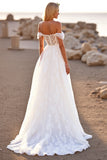 White Tulle Off the Shoulder Boho Sweep Train Wedding Dress with Lace