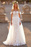 White Tulle Off the Shoulder Boho Sweep Train Wedding Dress with Lace