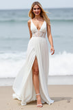 White Chiffon A Line V-Neck Boho Sweep Train Wedding Dress with Slit