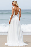 White Chiffon A Line V-Neck Boho Sweep Train Wedding Dress with Slit
