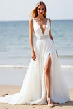 White Chiffon A Line Boho Sweep Train Wedding Dress with Slit